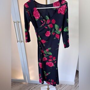 Blue and Pink Floral Midi Dress with 3/4 Sleeves